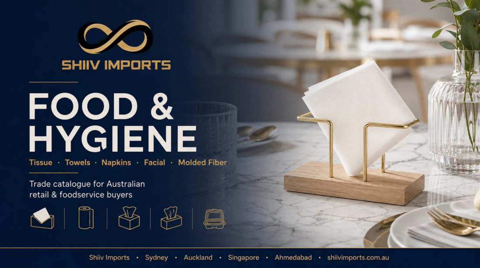 Cover of the Shiiv Imports food and hygiene tissue catalogue, Australia 2026, showing napkins, towels, facial tissue and molded fiber