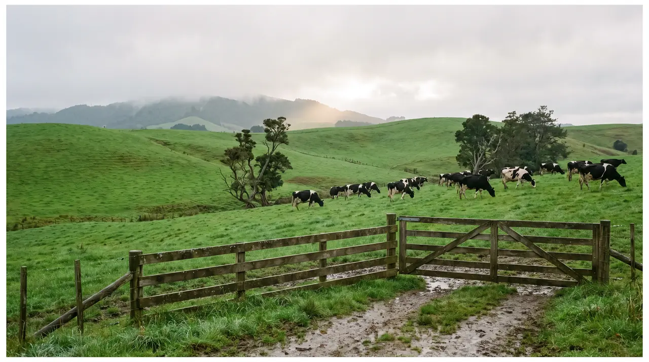 Dairy cattle grazing green pasture in Waikato, New Zealand